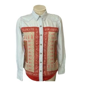 Lucky Brand Jr Wom S Chambray Denim Western Snap Shirt Sewn-On Satin Bandana